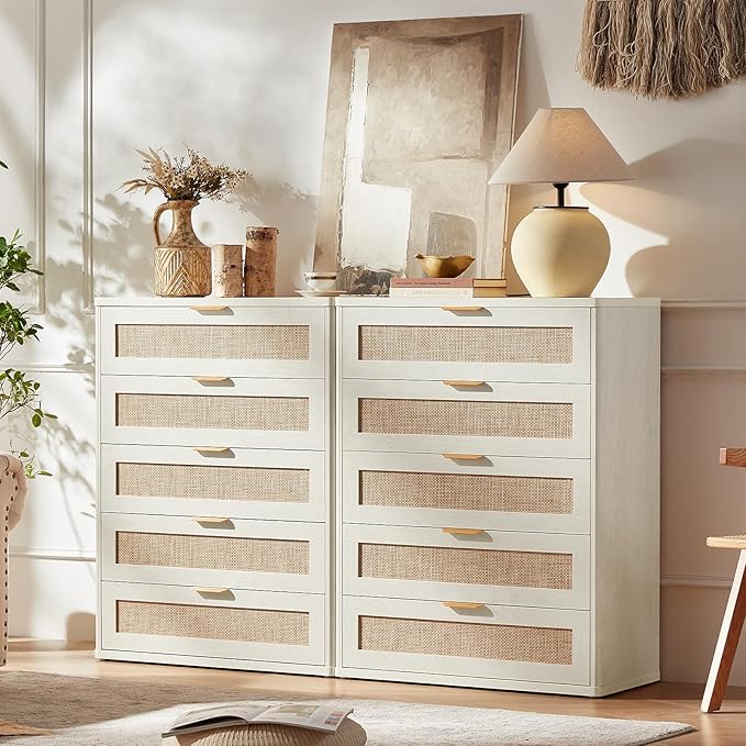 LEYAOYAO White Dresser for Bedroom, 41" Tall Chest of Drawers, Modern 5 Drawers Boho Rattan Dressers with Storage, Dresser Wooden Closet Organizer for Living Room, Hallway