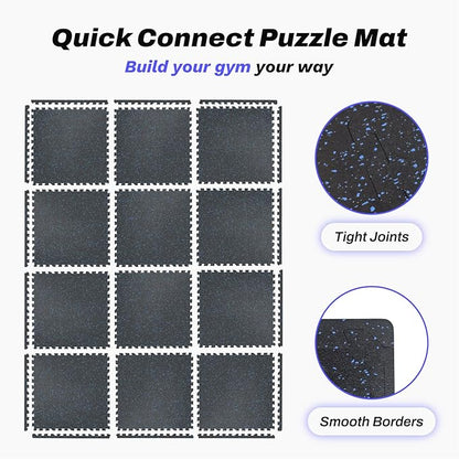 AIRHOP 0.56in Thick 48 Sq Ft Exercise Equipment Mats, 12 Tiles Upgraded Rubber Top with High Density EVA Foam, Large Interlocking Puzzle Gym Flooring for Home Gym, Heavy Weight Workout,Black & Blue