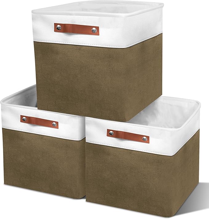 13in Open Fabric Storage Basket with Leather Handles for Organizing, Collapsible Linen Closet Bins for Shelves, Closets, Laundry, Decorative Basket for Gifts. (White＆Brown, 3PCS/13x13in)