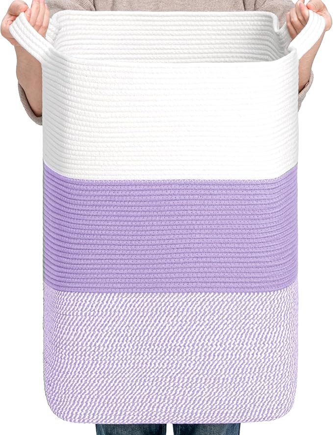 CLHMILY&Z 95L Laundry Basket Rectangular Lavender Rope - 16x15x24 Inches - Dirty Clothes and Soft Storage Bin for Blankets, Toys, and Nursery Essentials