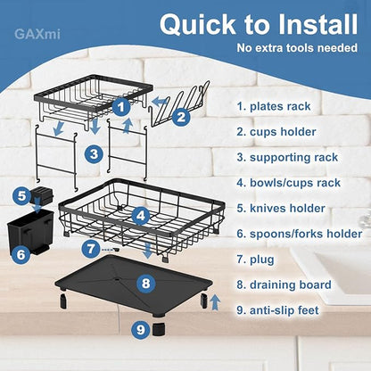 GAXmi Dish Drying Rack Over The Sink Drainer with Drainboard Utensil Holder Cup Holder, 2-Tier Black