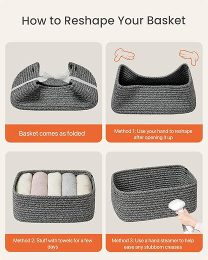 Small Woven Basket, 13.5 x 9.5 x 5 Inches, Storage Basket for Organizing, Cute Small Rope Shelf Closet Cube Storage Bins Baskets for Shelves, Dog Toy Gift Baskets Empty, 3 Pack Mixed Black