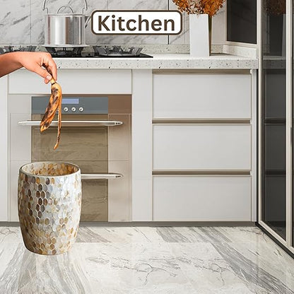 Escenzy Natural Shell Bathroom Trash Can Mosaic Glass 5L | Decorative Small Garbage Can | 7" x 10" | Luxury Waste Basket for Restroom, Office, Bedroom & Kitchen | Shiny Glass Bathroom Accessories