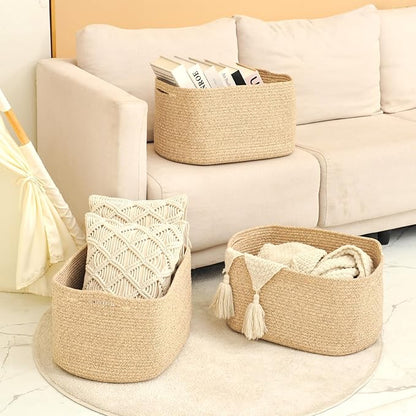 Large Storage Baskets for Organizing Shelves, Woven Cotton Rope Bins for Baby Nursery Organization, Book Toy Towel Organizer, 17"x13"x9.5", 3 Packs, Brown