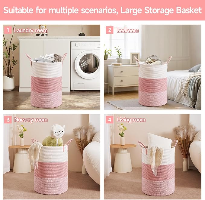 CLHMILY&Z 80L Laundry Basket Round Storage Rope Basket - 16.5x22.5 Inches - Pink Hamper in Bedreoom and Cute Storage Bin for Blankets, Toys, and Nursery Essentials