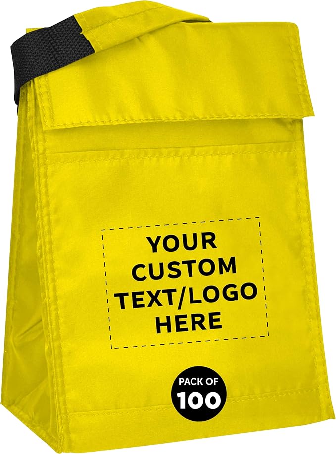DISCOUNT PROMOS 100 Hook and Loop Insulated Lunch Bags Set - Customizable Text, Logo - Polyester, Durable, Vibrant, Reusable - Yellow