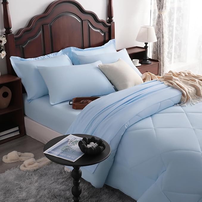 NTBAY Queen Comforter Set with Sheets, 7 Pieces Soft and Breathable Queen Bedding Set, Bed in a Bag, Down Alternative Comforter Set Solid Color All Season, Queen Bedding Set, Aqua