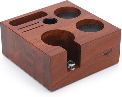 58mm Espresso Accessories Organizer Premium Rosewood Espresso Tamping Station Coffee Tool Stand for Tamper, Portafilter, Funnel, WDT, RDT Bottle Barista Espresso Setup Kit Box