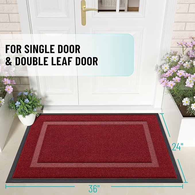 OLANLY Front Door Mat Indoor Outdoor Entrance, Waterproof All-Season, All-Weather Doormat, Sturdy Natural Rubber, Fade Resistant, Low Profile, Easy Clean Patio Porch Entryway Mat, 36x24, Wine Red
