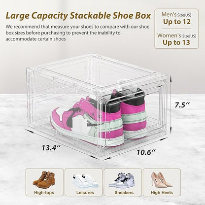Mitees 10 Pack XX Large Thicken Sturdy Hard Plastic Clear Stackable Shoe Storage Boxes for Size 12, Sneaker Shoe Rack Containers Holders Bins Display Case Organizer for Closet, White