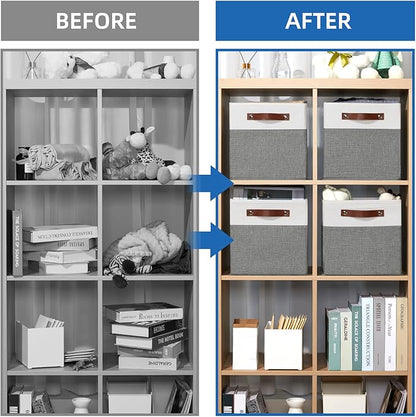 Temary Cube Storage Bins 4 Pack Storage Cubes 11×11 Fabric Storage Bins Foldable Cube Storage Baskets with Handles, Collapsible Storage Basket for Shelf (White & Grey, 11 x 11 x 11)