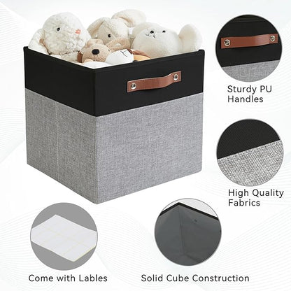 Collapsible Fabric Storage Cube Bins with 2 Reinforced PU Handles, Foldable Storage Organizer Baskets for Closet, Shelves, Living Room | 11"x11"x11", 4 Pack, Black & Gray