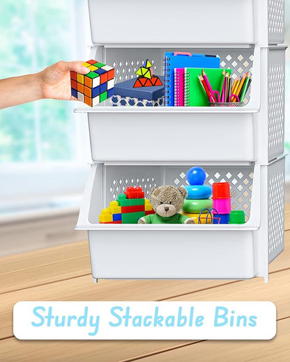 Skywin TidyFriend Plastic Stackable Storage Bins for Pantry, 3 Pack White Stackable Bins For Organizing Food, Kitchen, and Bathroom Essentials (White)