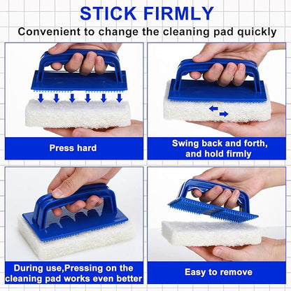 18 Pcs Handled Bath Scrubber Set, 15 Bathroom Scouring Pad 3 Bathtub Scrubber with Handle Non Scratch Soap Scum Remover for Cleaning Sink Shower Tile Swimming Pool Step and Corners(Blue and White)