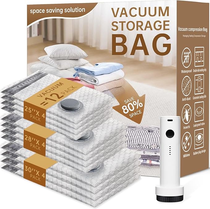Vacuum Bags for Travel with Wireless Rechargeable Pump, 12 Pack Carry-on Size Compression Packing Seal Bags for Luggage and Suitcase, Space Saver Vacuum Storage Bags for Clothes and Clothing Travel ﻿