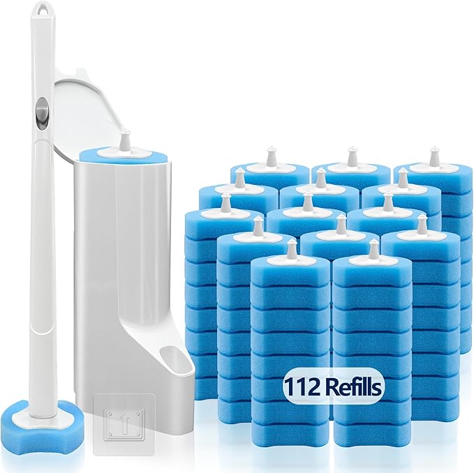 Disposable Toilet Brush with 112 Refills, Toilet Bowl Wand and Holder, White Toilet Cleaning Brush, Toilet Bowl Wand Kit Wall-mounted, Toilet Brush Refill for Efficient and Deep Scrub Toilet.