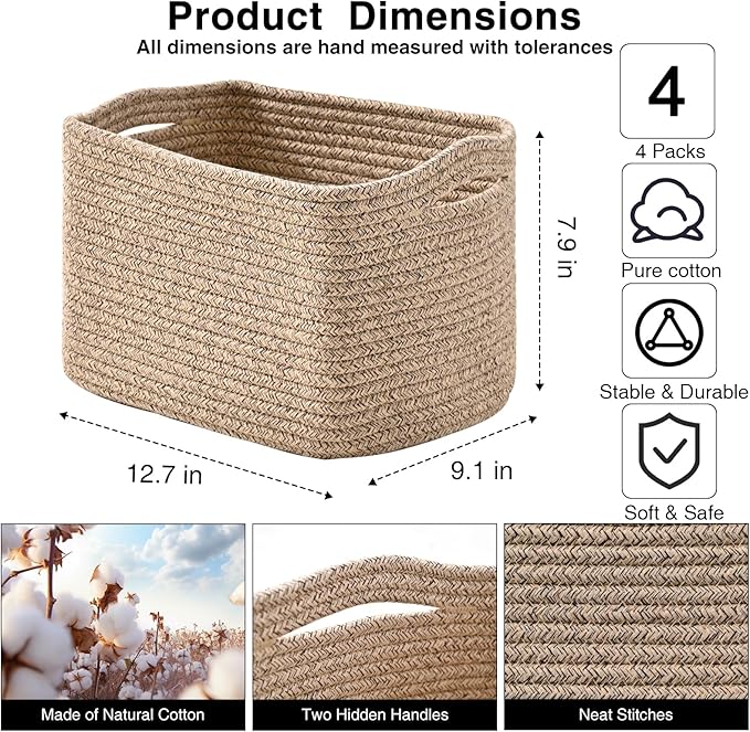 Small Storage Baskets for Organizing, Woven Storage Baskets for Shelves, Cotton Rope Basket for Storage, Cute Rectangular Book Toy Basket, 12.7"×9.1"×7.9", 4 Packs, Brown