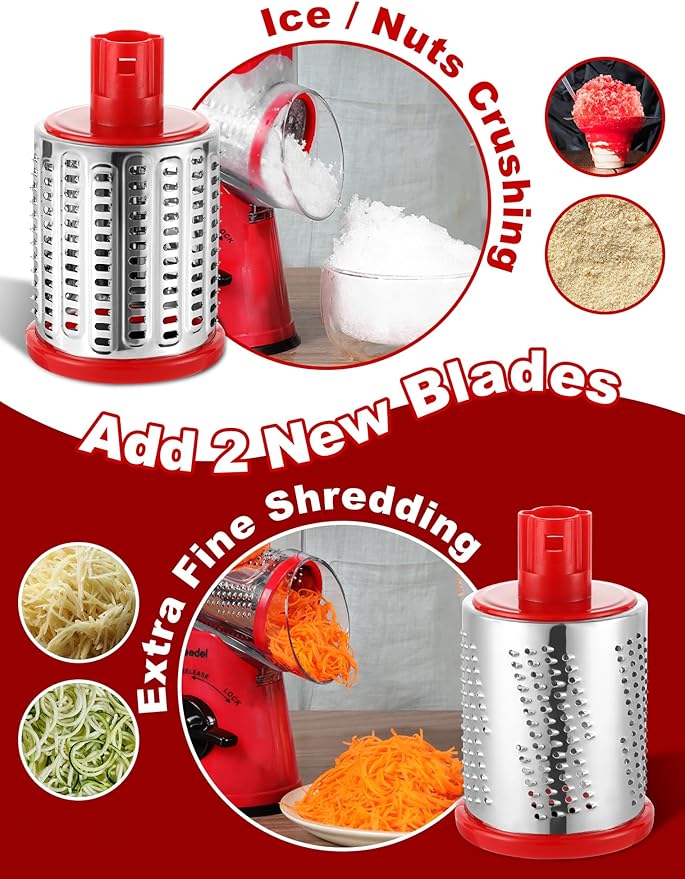 Geedel Rotary Cheese Grater Cheese Shredder - Upgraded 5-in-1 Cheese Grater with Handle and Strong Suction Base, Multi-purpose Vegetable Slicer Ice Shaver Nuts Grinder for Ice, Vegetables, Fruit, Nuts