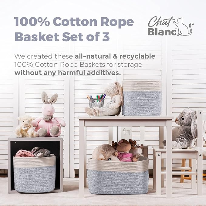 CHAT BLANC Cotton Rope Baskets for Organizing | Storage Baskets for Shelves | Rope Basket for Storage, Small Laundry Baskets, Woven Baskets for Storage, Dog Toy Bin, Baby Basket,Off White &Gray 3 Pack