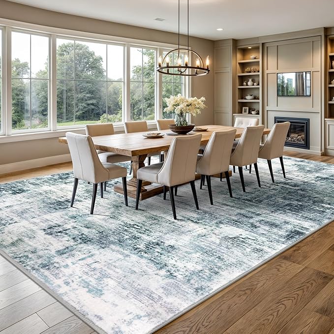 IOHOUZE Abstract Area Rugs 9x12 Ft Washable Large Rugs for Living Room, Non Slip Rubber Backed Dining Room Rug, Printed Faux Wool Rugs for Bedroom, Floor Carpet for Nursery Playroom, Sage Grey