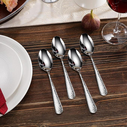 KEAWELL Premium 4-Piece Louise Hammered Spoons Set, 18/10 Stainless Steel, Set of 4, Fine Spoon Set with Round Edge, Dishwasher Safe (7.6" Dinner Spoons)