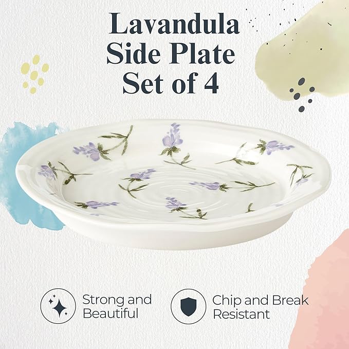 Portmeirion Sophie Conran Lavandula Side Plates - Set of 4, Ripple Edge with Lavender Design - For Tapas, Afternoon Tea & Snacks - 6 Inch Floral Porcelain Dishes for Garden Parties & Dining Events