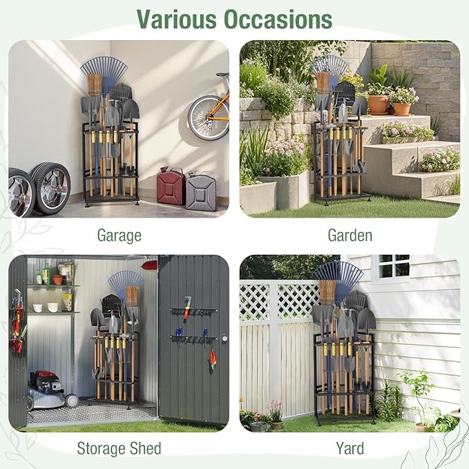 Garden Tool Organizer for Corner,Metal Yard Tool Organizer for Long-Handled Tools/Rakes/Brooms,Side Garden Pocket,Heavy Duty Steel Yard Tool Storage Rack for Garage,Shed, Outdoor