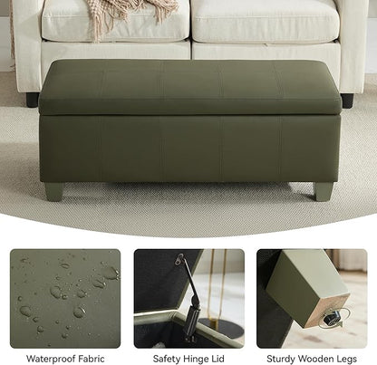 41" Faux Leather Storage Ottoman, Stitch Tufted Rectangle Upholstered End of Bed Storage Bench, Entryway Large Couch Ottoman with Wooden Legs,Green