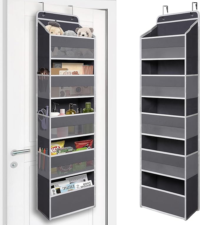 Over Door Organizer with 5 Large Pockets, Heavy Duty Hanging Organizer Storage, Closet Bathroom Nursery Bedroom Dorm, Toys Cosmetics Sundries and Baby Essentials, Gray