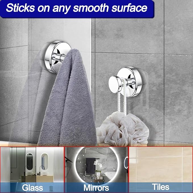 Suction Cup Hooks for Shower, Removable Towel Hooks for Bathroom Window Glass Door Wall, Bath Robe Looafh Hook for Hanging - 4 Pack, Chrome