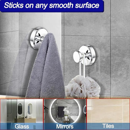 Suction Cup Hooks for Shower, Removable Towel Hooks for Bathroom Window Glass Door Wall, Bath Robe Looafh Hook for Hanging - 4 Pack, Chrome