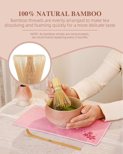 ZENS Matcha Whisk Set, Pink Ceramic Matcha Bowl with Embossed Sakura, 6pcs Matcha Tea Kit Includes Bamboo Whisk, (Chasen Holder) Scoop & Sifter, Tea Towel for Matcha Ceremony, Pink