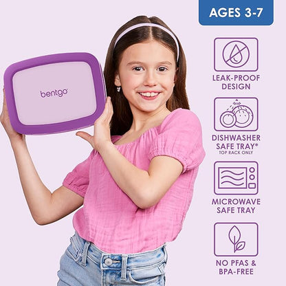 Bentgo Kids Bento-Style 5-Compartment Leak-Proof Lunch Box - Ideal Portion Sizes for Ages 3 to 7 - Durable, Drop-Proof, Dishwasher Safe, PFAS & BPA-Free & Made with Food-Safe Materials (Purple)