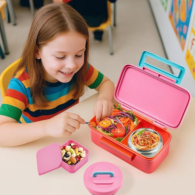 Lunch Box for Kids With 8oz Soup Thermo, Leak-proof Lunch Container with 2 Compartments, Thermo Food Jar Food Containers for Back to School Girls Boys (Pink)