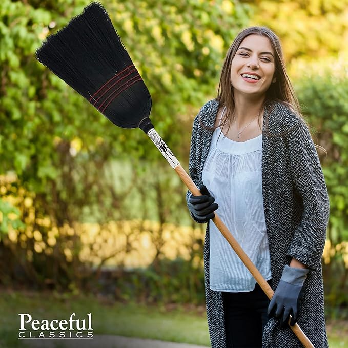 Handmade Amish Corn Broom with Wooden Handle – 57" Heavy Duty Broom for Courtyard, Lobby & Market, 100% Corn Fill Straw Broo'm, 4 Sews Indoor & Outdoor Bristle for Sweeping - Black