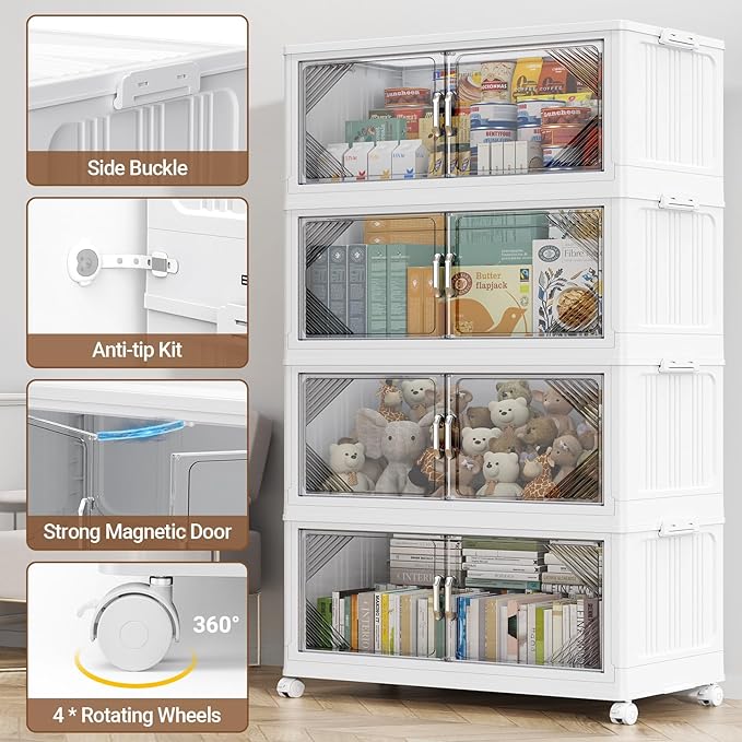 175Gal Plastic Stackable Storage Bins with Lid, 700QT Extra Large Closet Organizers Collapsible Cabinets Boxes With Drawers, Foldable Containers with 4x Wheels for Home Kitchen, V60 5Pack White