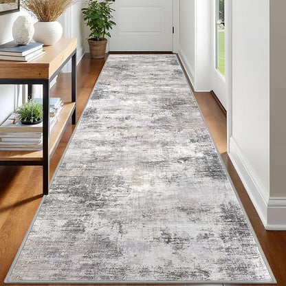 IOHOUZE Abstract Runner Rug 3x12 Ft Washable Runners for Hallways, Non Slip Kitchen Runner Printed Faux Wool Entryway Runner Indoor, Modern Abstract Floor Carpet for Hall Kitchen, Grey Beige