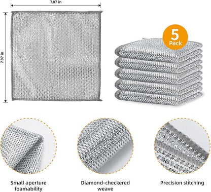 5Pcs Non Scratch Wire Dishcloth, Multipurpose Wire Dishwashing Rags, Steel Metal Wire Cloth Mesh Miracle Cleaning Cloths for Kitchen, Dishes