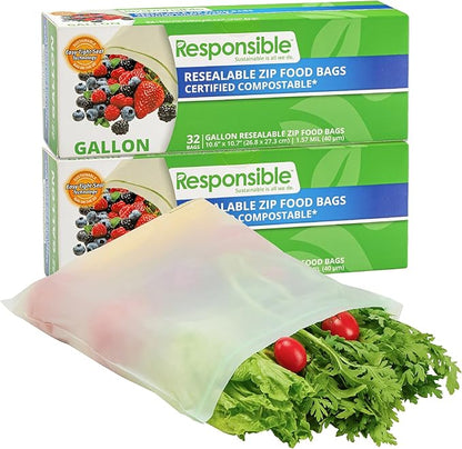 Certified Compostable Large GALLON Resealable Zip Bag, Extra Strength Food Bags, Made from Plant Materials (64 Pack)