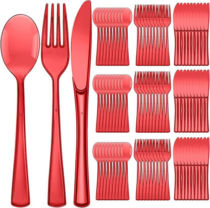 Minatee 150 Pieces Disposable Cutlery Set Plastic Silverware Heavy Duty Utensil Sets 50 Forks 50 Knives 50 Spoons for Home Office School Party Picnics Restaurant Outdoor Events(Red)