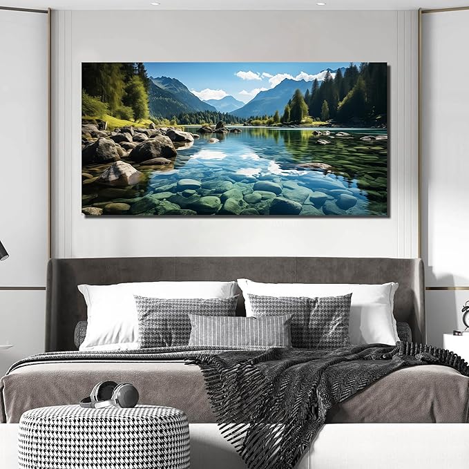 GUGIKA Landscape Wall Art for Living Room, Mountain and Lake Wall-Decor for Bedroom, Natural Scenery Canvas Prints Pictures for Hallway Office, Size 59 x 29 Inches
