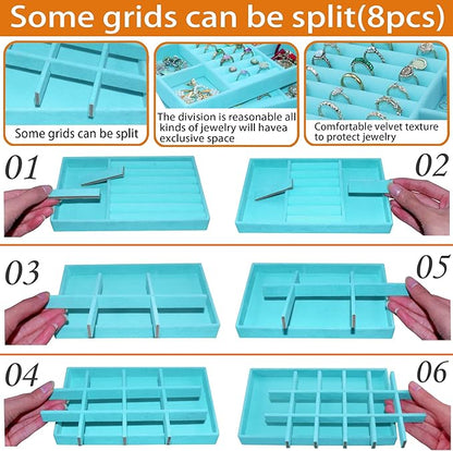8 Pcs Velvet Jewelry Tray Stackable Jewelry Drawers Organizer Trays Rings Earrings Bracelet Organizer (8.2" x 5" x 1")