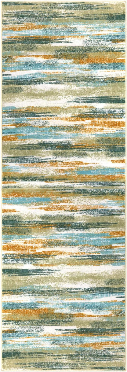 Modern Abstract Runner Rug 2x12, Green Mustard Multi Washable Long Kitchen Runner Non-Slip Soft Hallway Rug Runner Thin Print Faux Wool Carpet for Entryway Bedroom Laundry Room Indoor