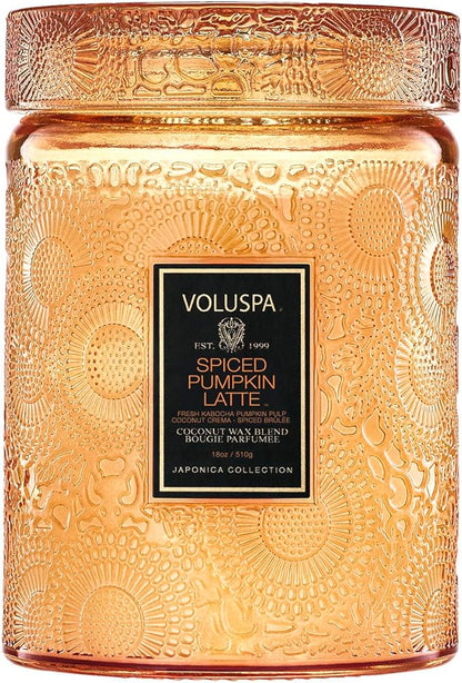 Voluspa Spiced Pumpkin Latte, Large Candle Jar, 18 Ounce, 100 Hour Burn Time, & Coconut Wax for Clean Burning, Handcrafted in the USA