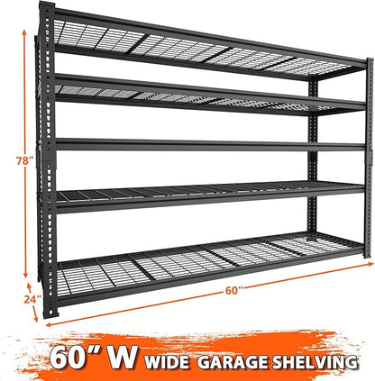 Storage Shelves Heavy Duty, 2 PCS 60" L x 24" W x 78" H Garage Wire Shelving Unit Loads 3300LBS, 5-tier Adjustable Metal Industrial Utility Shelf Rack for Kitchen, Laundry Room, Warehouse, Basement