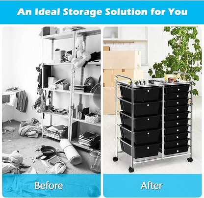 GOFLAME 15-Drawer Rolling Storage Cart, Multipurpose Movable Organizer, Utility Cart for Home, Office, School, Black