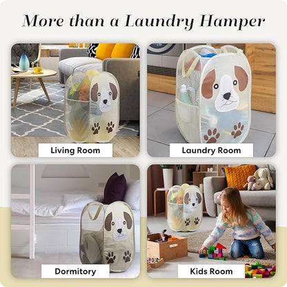 Handy Laundry Collapsible Mesh Pop-Up Hamper with Wide Opening and Side Pocket - Breathable, Sturdy, Foldable, Space-Saving Design (Puppy)
