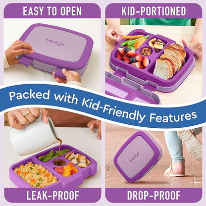 Bentgo Kids Bento-Style 5-Compartment Leak-Proof Lunch Box - Ideal Portion Sizes for Ages 3 to 7 - Durable, Drop-Proof, Dishwasher Safe, PFAS & BPA-Free & Made with Food-Safe Materials (Purple)