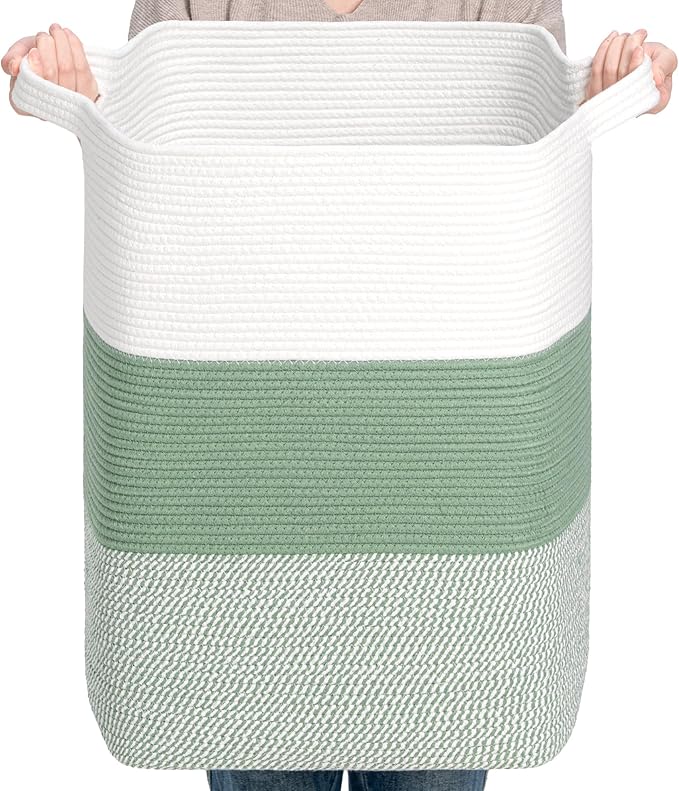CLHMILY&Z 75L Laundry Basket Rectangular Green Rope - 16x13x22 Inches - Dirty Clothes and Soft Storage Bin for Blankets, Toys, and Nursery Essentials