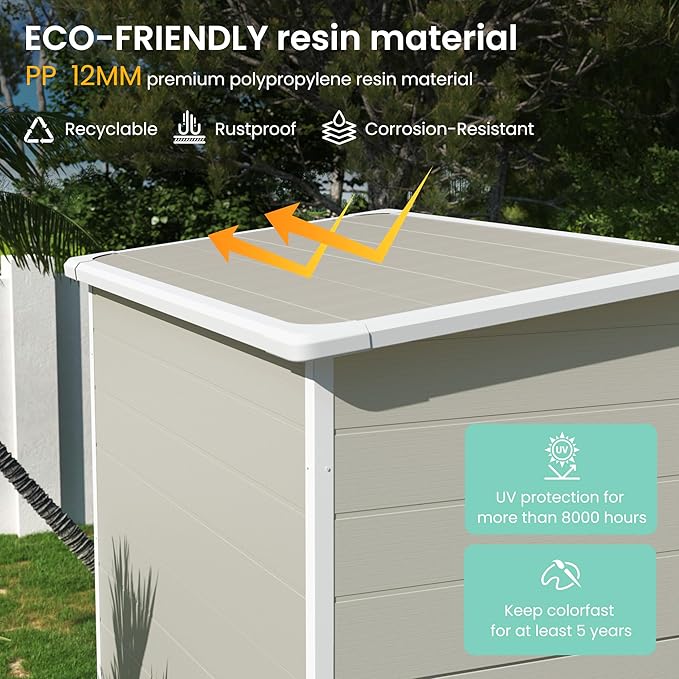 UDPATIO Outdoor Storage Shed 5x3 FT, Plastic Garden Shed for Bike, Garbage Can, Tool, Outside Sheds & Outdoor Resin Shed with Lockable Door for Backyard, Patio, Lawn, Sandstone